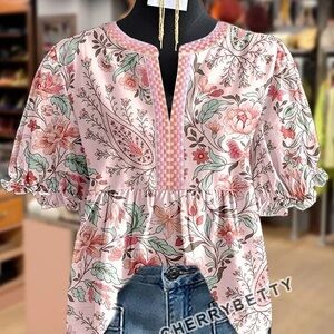 Vintage Pink Floral Bohemian Split Neck Puff Sleeve Tunic PTP 20 NWT